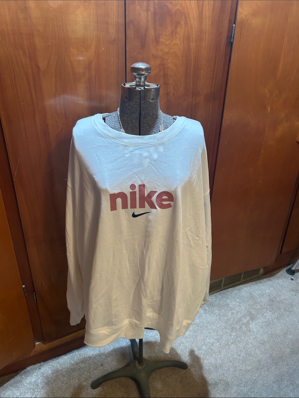 Nike White Crew Sweatshirt with Red Logo and Black Swoosh